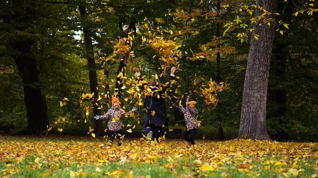 Young family having fun playing together in an autumn park, a joyful mother and her two twin daughters throwing heaps of yellow leaves and jumping with happiness in slow motion