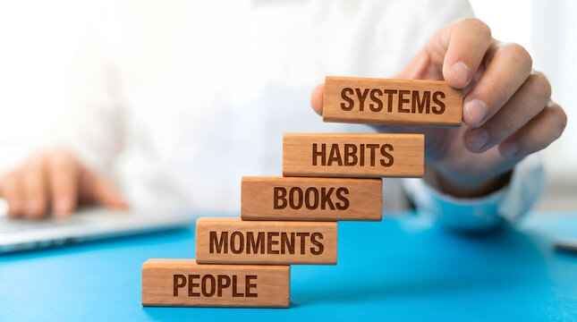 Personal growth and development represented by wooden blocks with words like people, moments, books, habits, and systems stacked on steps