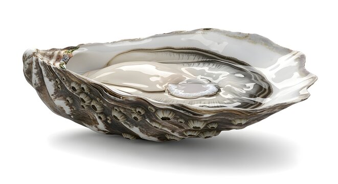 A creatively enhanced rephrasing of 3d cgi oyster with highly detailed shell displacement and glossy translucent inner flesh, isolated white, depicted with richer detail and a more artistic presentati