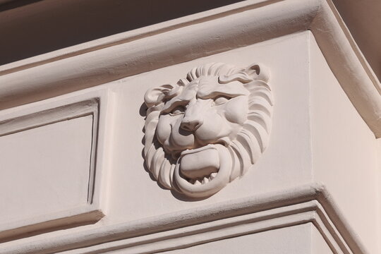 A lion's head mural adorns the side of a building
