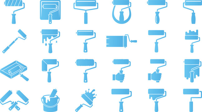 Set of light blue paint roller and tray icons for home renovation.