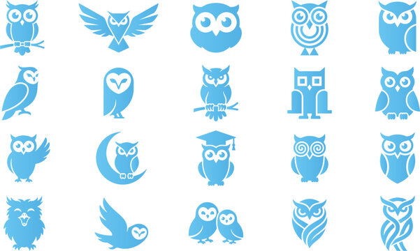 Collection of blue owl icons isolated on white background. Simple geometric designs.