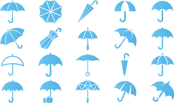 Assorted blue umbrella icons. Various styles and folded designs on white.