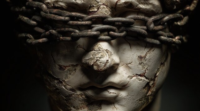 Ancient marble statue head blindfolded with rusty iron chains close up