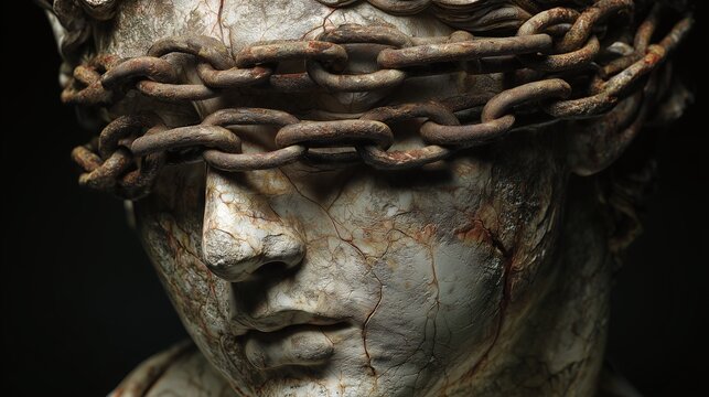 Blind justice concept with cracked stone bust wrapped in rusty chains