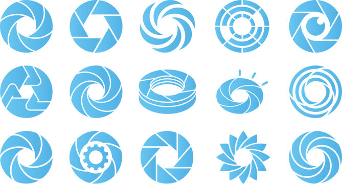 Camera aperture diaphragm lens icons set collection abstract circular shapes.