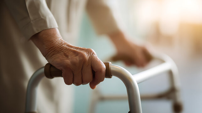 Close-up of an elderly person's hands on a walking frame, conveying support, mobility, and the journey of aging with dignity and care