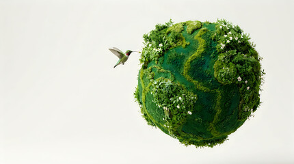 Naklejka premium Tiny hummingbird flying towards a lush green moss-covered earth globe