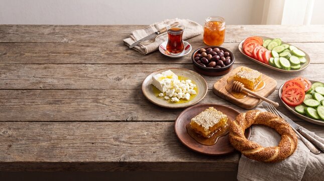 Turkish Breakfast Spread Simit Beyaz Peynir Olives Honey Comb Cucumbers Wooden Table Morning Light
