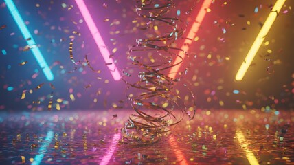 Colorful party streamer coil with confetti vibrant 3d render with neon lighting effects