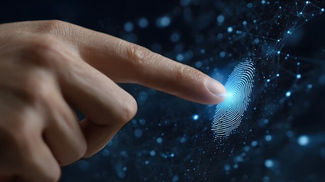 A hand initiates a biometric security scan projecting a glowing fingerprint pattern across a complex futuristic digital network grid