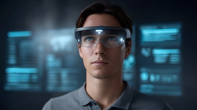 A focused professional wears an augmented reality headset while reviewing complex data streams in a futuristic high tech environment