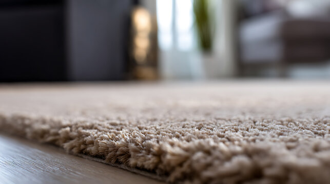 Close-up of a soft beige shaggy rug on a wood floor in a modern home, with a blurred living room interior background
