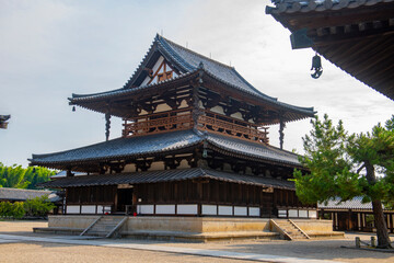 Obraz premium Golden Hall (Kondo) of Horyu Ji Temple. This temple is a Buddhist temple in Ikaruga, Nara Prefecture, Japan. This temple is Buddhist Monuments in the Horyu-ji Area UNESCO World Heritage Site.
