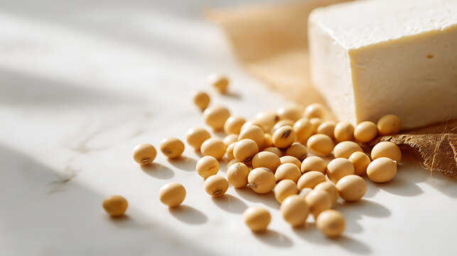 Fresh soybeans and block of plant-based protein on a light background, highlighting healthy, vegan, and protein-rich food ingredients for cooking