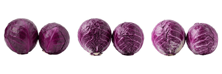 Fototapeta premium Pair of Fresh Purple Cabbages Isolated on White Background - Vibrant Raw Vegetables for Healthy Salad Recipes, Vegan Nutrition, and Agricultural Product Design Assets
