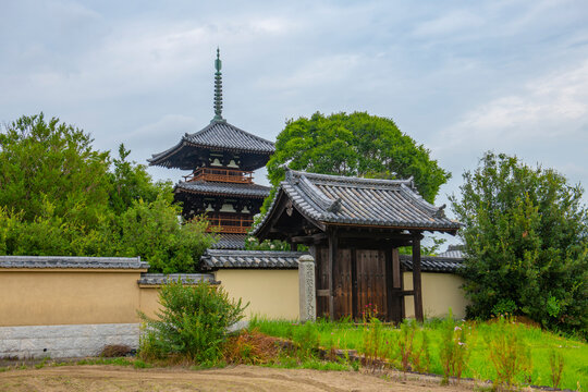 Pagoda in Hoki Ji Temple. This temple is a Buddhist temple in Ikaruga, Nara Prefecture, Japan. This temple belongs to Buddhist Monuments in the Horyu-ji Area UNESCO World Heritage Site.
