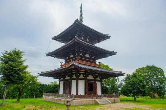 Pagoda in Hoki Ji Temple. This temple is a Buddhist temple in Ikaruga, Nara Prefecture, Japan. This temple belongs to Buddhist Monuments in the Horyu-ji Area UNESCO World Heritage Site.