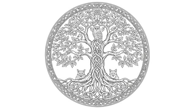 Intricate Celtic Tree of Life with Owl and Foxes &ndash; Detailed Nature Symbol Design