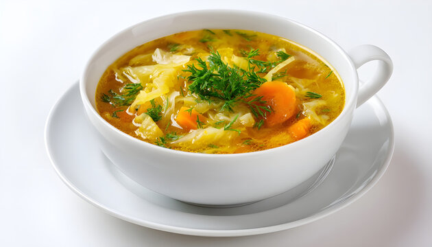Cabbage soup in a white plate on a white background