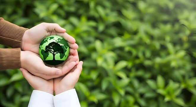 Protecting our planet: Gentle hands cradle a vibrant green Earth globe, symbolizing environmental stewardship and the delicate balance of ecosystems, urging sustainable practices.