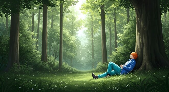 A serene illustration depicts a person resting peacefully beneath a towering tree in a sun-dappled forest, embodying the restorative power of nature and mindful relaxation.