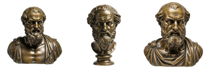 Fototapeta premium Set of Bronze Bust Sculpture of Ancient Greek Philosopher Isolated on White Background, PNG