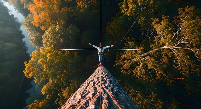 Highline adventure: A daring individual balances on a slackline suspended amidst a lush forest canopy, exemplifying human connection with nature and the pursuit of mindful exploration.