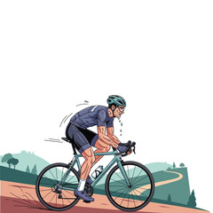 Fototapeta premium Male cyclist riding bicycle on dirt road with hills and trees