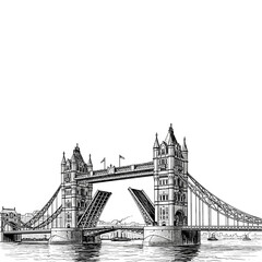 Obraz premium Tower Bridge illustration over calm water in black and white line art