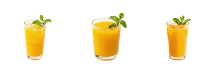 Set of Fresh Orange Juice in Glass with Green Mint Leaf Isolated on White Background, PNG © KArim