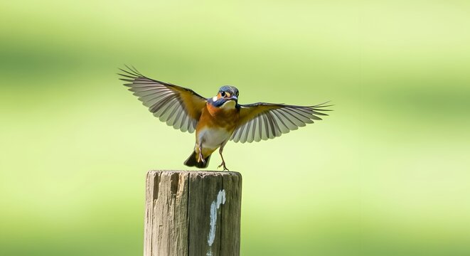 A vibrant European robin perches atop a weathered wooden post, wings outstretched in a dynamic pose, against a soft green background, showcasing the beauty of avian wildlife and natural habitats.