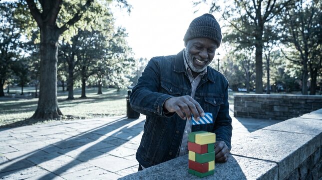 Person places a blue block on a stacked tower of colorful wooden cubes beside a park path, showing a literal balancing game in a quiet outdoor setting.