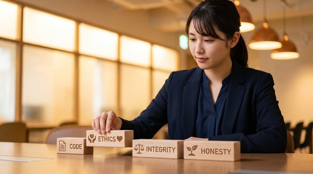 Businesswoman arranges wooden blocks labeled with ethical values on an office table, presenting a direct concept of corporate integrity, honesty, decency, and transparent workplace standards.