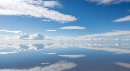 Fototapeta premium Serene aerial view of a tranquil landscape featuring a mirror-like surface reflecting a vibrant blue sky adorned with fluffy white clouds, showcasing atmospheric perspective and natural beauty.