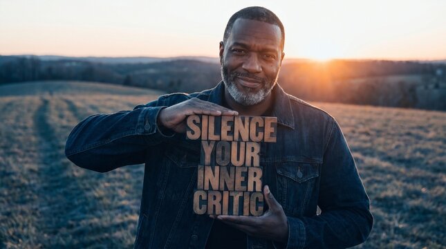 Man holding a transparent message about silencing the inner critic while standing in an open frosty field at sunrise, expressing self reflection and mental resilience.