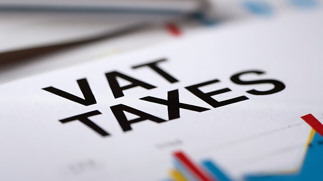 Close-up of text "VAT TAXES" on a white document with charts and graphs, representing financial obligations and economic data analysis