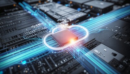 Obraz premium High-tech representation of cloud computing and data transfer, suggesting modern technological advancements.