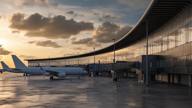 Modern airport terminal building with parked commercial airplanes at sunset under a dramatic golden sky