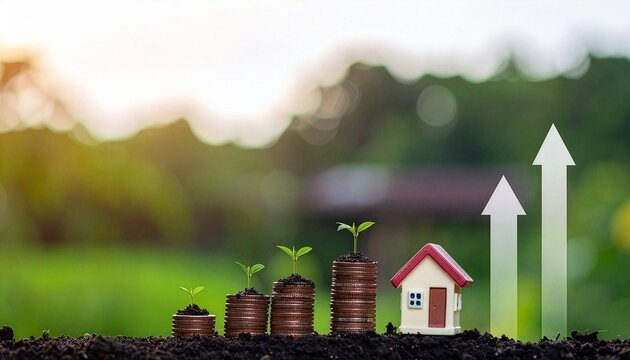 A symbol of growth in the world of real estate and financial, where a home sits beside a rising bar graph, each step represents the increasing in investment.