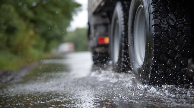 Road spray from truck wheels on a wet asphalt surface on a rainy day, showing motion and the challenges of driving in adverse weather conditions