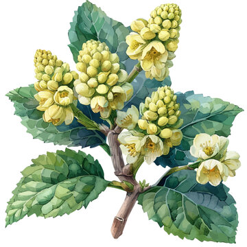 Gunnera Flower, refined watercolor illustration with luminous tones and soft layered brushwork, isolated on a white background.