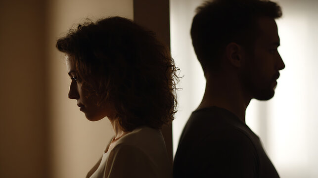 Serious couple with relationship problems stand back to back in conflict, misunderstanding. Man and woman having disagreement, separation