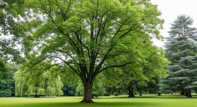 Lush green trees in park landscape mature foliage and evergreen conifers