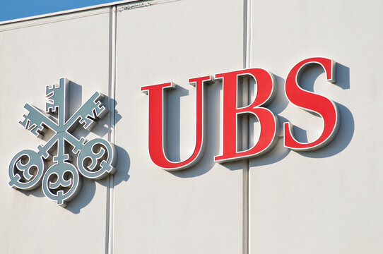 UBS Bank sign on building exterior in Morbio Inferiore, Switzerland