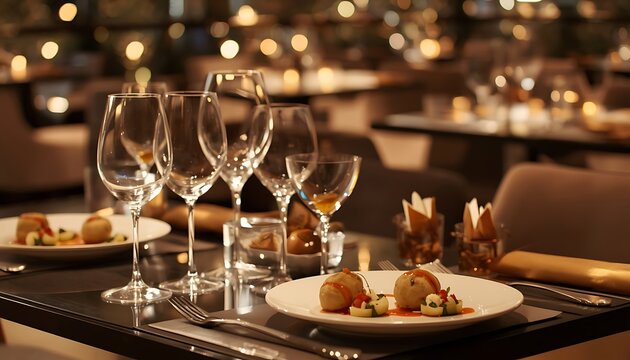Luxurious restaurant setup featuring delicate stemware and artfully plated appetizers on a sleek tabletop, illuminated by soft golden lighting, creating an upscale, romantic mood ideal for fine dining