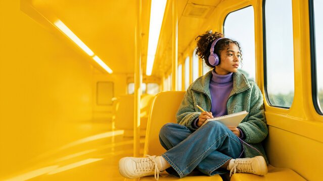Young Female Student Commuting on Bright Yellow Train Writing in Notebook and Listening to Music, Back to School Concept