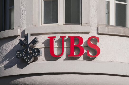UBS Bank sign on building exterior in Altdorf, Switzerland