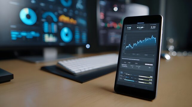 A professional setup featuring a glowing smartphone and multi monitor dashboards displaying complex data analytics and business metrics