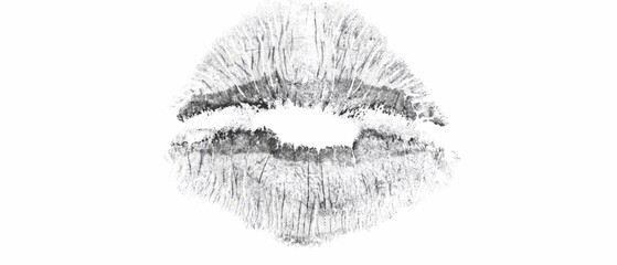 Detailed black and white lipstick kiss mark printed onto a clean white background creates a striking artistic impression of human affection and romantic love showing delicate texture patterns of lips  © Abdelaziz